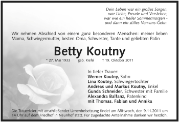 Traueranzeige von Betty Koutny von Pegnitz-Zeitung